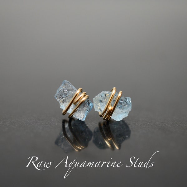 SMALL Raw Aquamarine stud Earrings | Sterling Silver | Small, Dainty | March Birthstone, Light blue, Natural, Rough aquamarine, Handmade