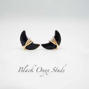Black Onyx Stud Earrings, Crescent Moon, Gold, Filled, Sterling Silver, Minimalist, Moon shape, Celestial, nautical, mother's day gift