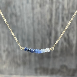 Sapphire Necklace, TINY, Dainty Minimalist, Sapphire Ombre Necklace,September Birthstone, Shaded Sapphire, Sapphire bar Necklace, Blue White