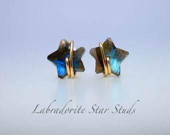 Labradorite Stud Earrings, Star shape, 14K Solid Gold, Filled, Sterling Silver, Minimalist, Celestial, Dainty, Small, Gemstone, Blue studs