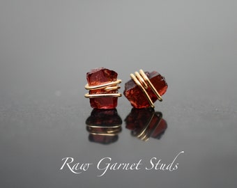 Raw Garnet stud Earrings | Sterling Silver, 14K Gold Filled | Dainty | January Birthstone, March Birthstone, Natural, purple, Deep Red Stone