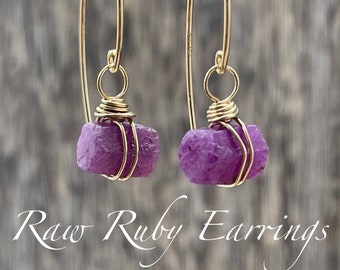 Raw Ruby Dangle Earrings: July Birthstone, Gold Filled