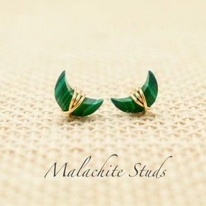 Malachite Stud Earrings, Crescent Moon shape, Gold Filled, Sterling Silver, Minimalist, Celestial, Green Gemstone,Natural, Mother's Day Gift