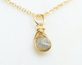 Raw Diamond Necklace: Tiny Silvery Grey Stone, Sterling Silver or Gold-Filled