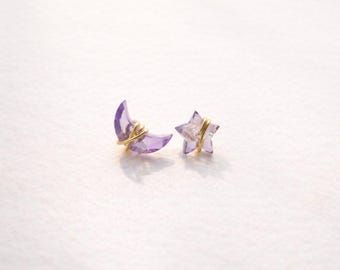 Natural Amethyst Earrings: 14K Gold Moon and Star Studs, Pink Amethyst, Lavender colored