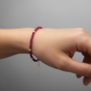 14K Solid Gold Longido Ruby Beaded Bracelet, Delicate July Birthstone
