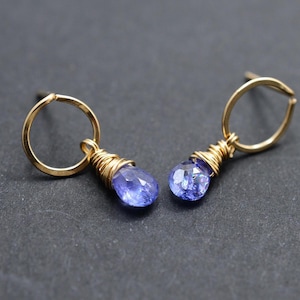 TINY Tanzanite Earrings, Tanzanite Studs, Tanzanite drop earrings, Circle earrings circle stud, December Birthstone, Natural Tanzanite, gold