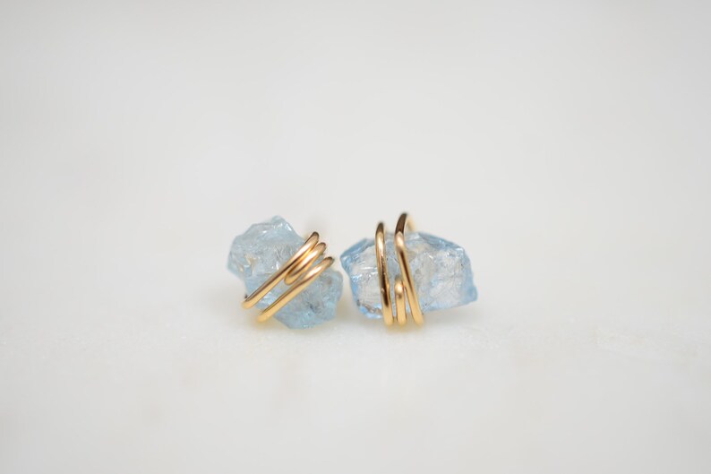 SMALL Raw Aquamarine stud Earrings Sterling Silver Small, Dainty March Birthstone, Light blue, Natural, Rough aquamarine, Handmade image 5