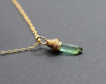 Petite Natural Tourmaline necklace, Raw Tourmaline Necklace, Green Tourmaline, Tourmaline, teal,  October Birthstone, Vertical bar