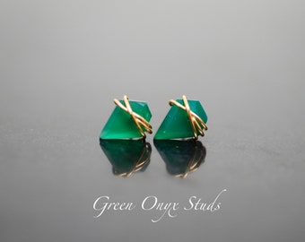 Green Onyx Studs, Raw Emerald Stud earrings, 14k Gold filled, Sterling Silver, 14K Rose Gold Filled, Dainty, Minimalist, Green Onyx Earrings