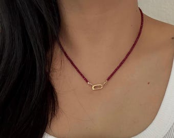 14K Gold Longido Ruby Beaded Necklace, July Birthstone