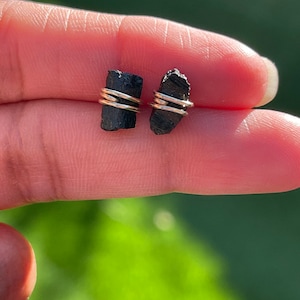 Raw Tourmaline Studs, Raw black tourmaline Earrings, Sterling Silver, Gold, Dainty, Natural, Gemstone