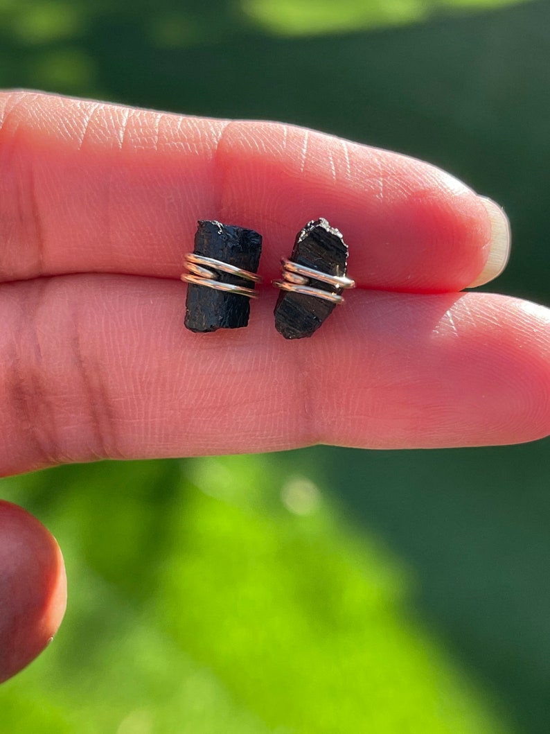 Raw Tourmaline Studs, Raw black tourmaline Earrings, Sterling Silver, Gold, Dainty, Natural, Gemstone image 3