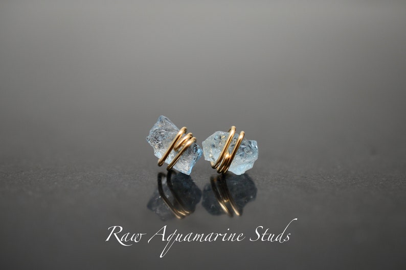 SMALL Raw Aquamarine stud Earrings Sterling Silver Small, Dainty March Birthstone, Light blue, Natural, Rough aquamarine, Handmade image 1