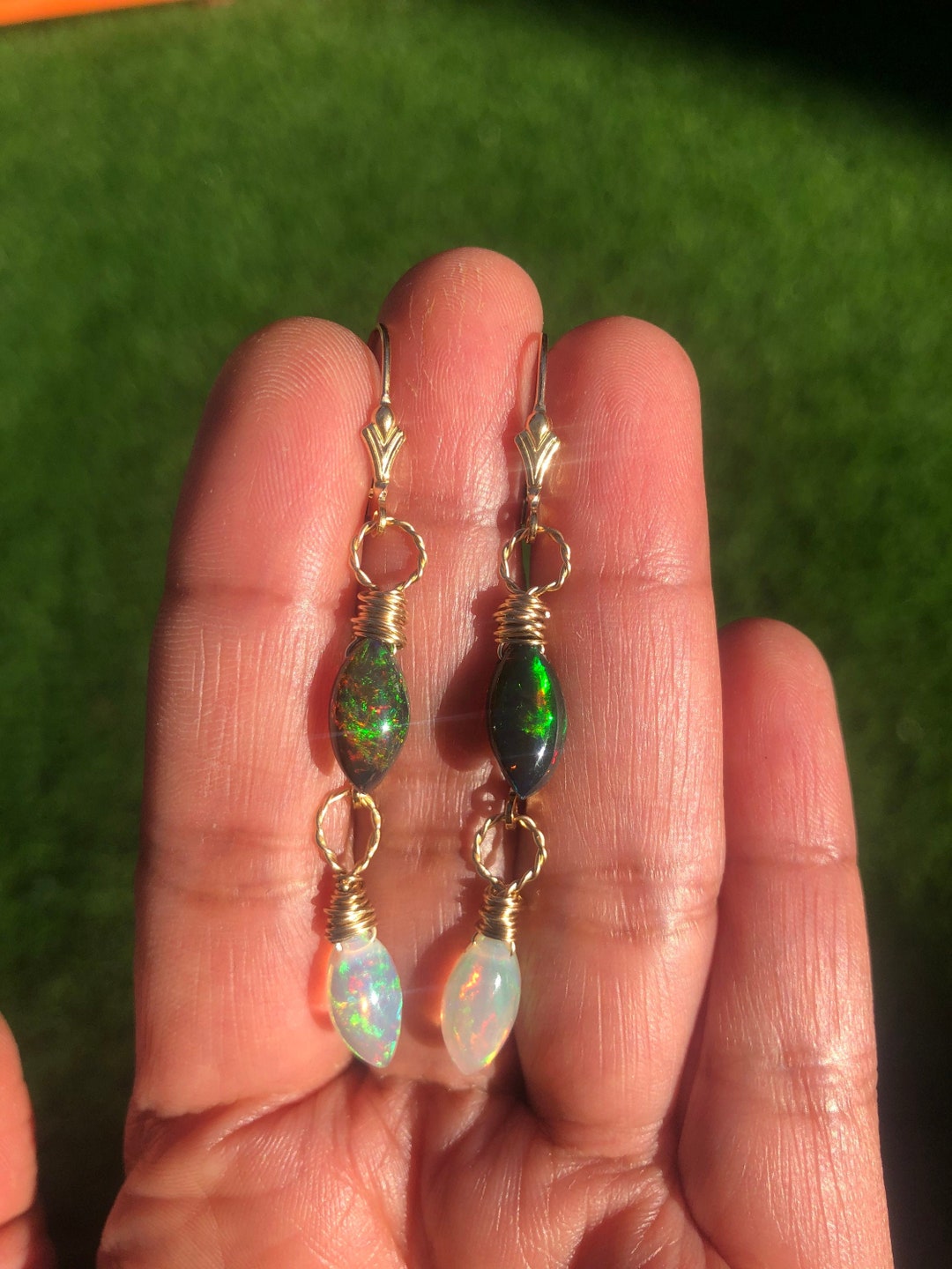 Black Opal Earring, Dangle Earrings, Drop, Gold Filled, Genuine Opal