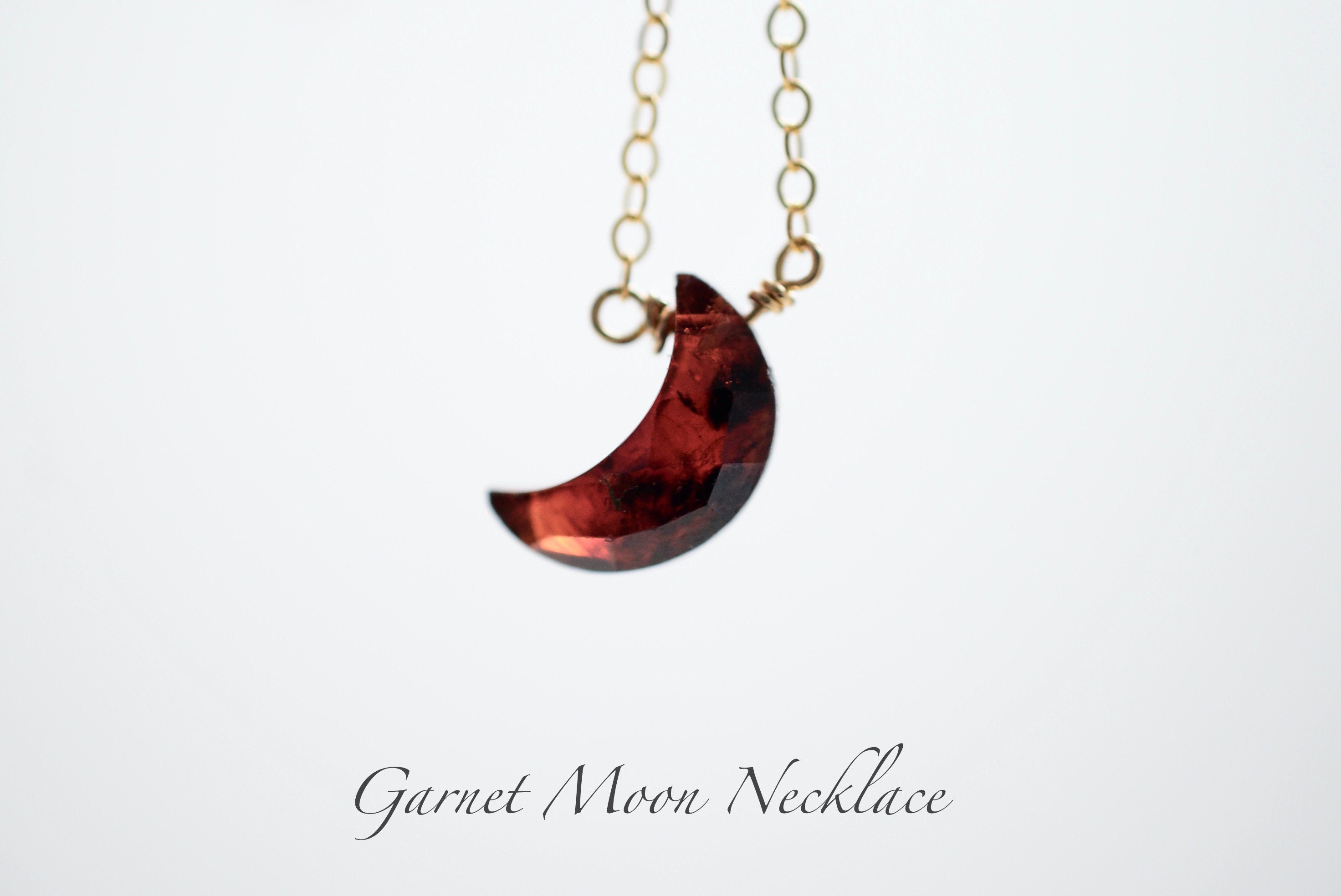 Garnet Moon Necklace, crescent moon, moon necklace, January Birthday, minimalist, dainty, necklace, red, Silver, Gold, rose, Mother's Day
