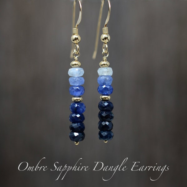 Sapphire Earrings, Sapphire dangle earrings, September Birthstone, 14K Gold Filled, Sterling Silver, Natural, Genuine Sapphire, Ombre, Blue