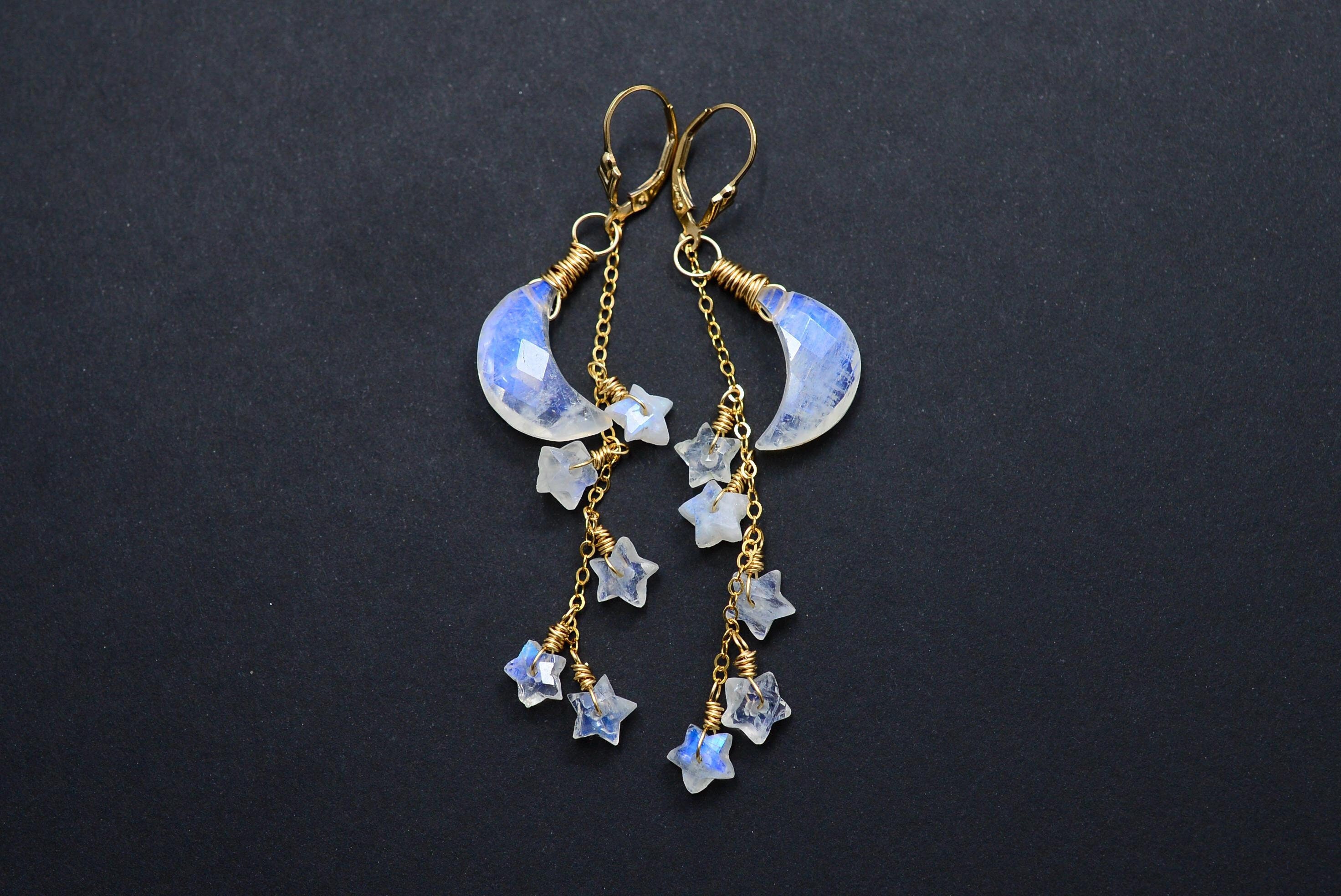 Rainbow Moonstone Earrings, Rainbow Moonstone Dangle Earrings, 14K Gold Filled, Half moon, crescent, cascade, shooting star earrings, long
