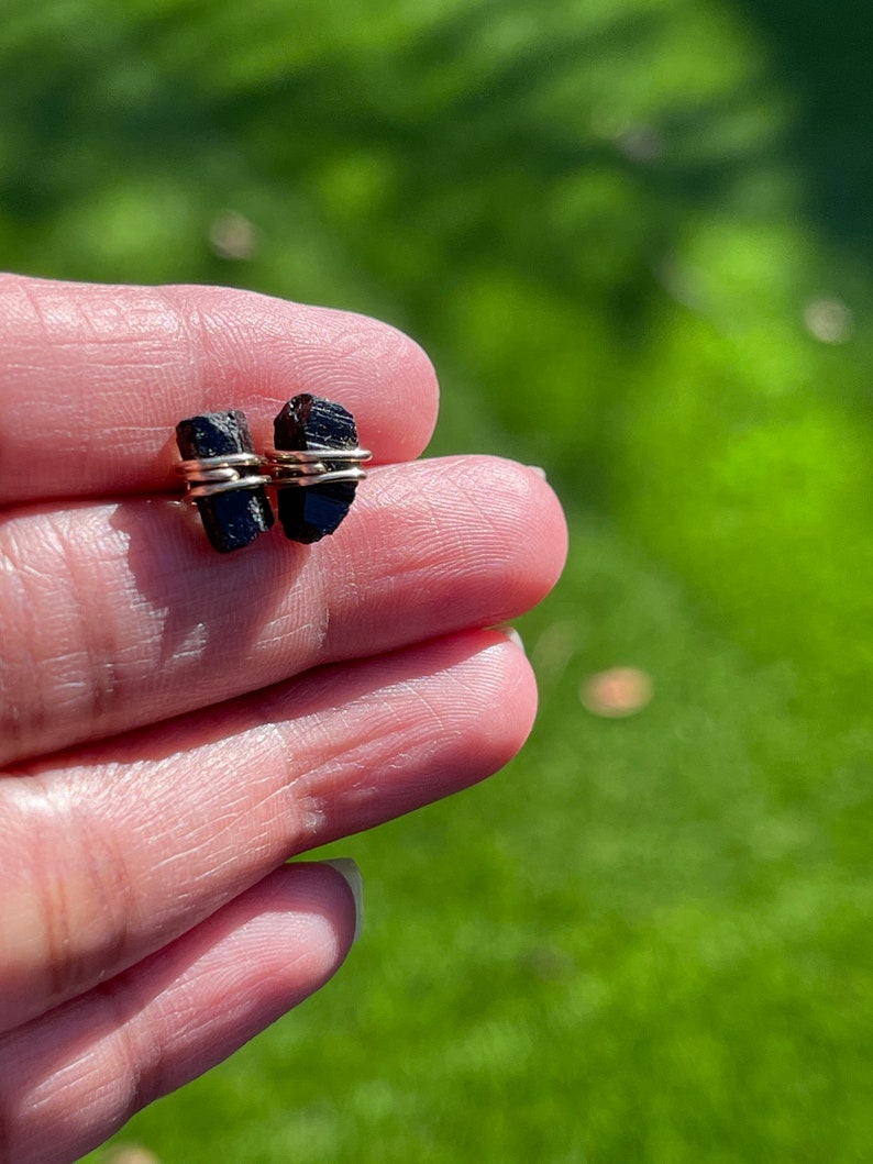 Raw Tourmaline Studs, Raw black tourmaline Earrings, Sterling Silver, Gold, Dainty, Natural, Gemstone image 7