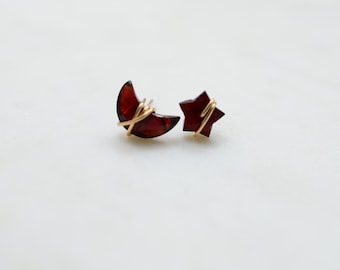 Garnet Earrings, Crescent Moon and star shape Gold Filled, Sterling Silver, Minimalist, Crescent Moon, Celestial, Garnet Studs