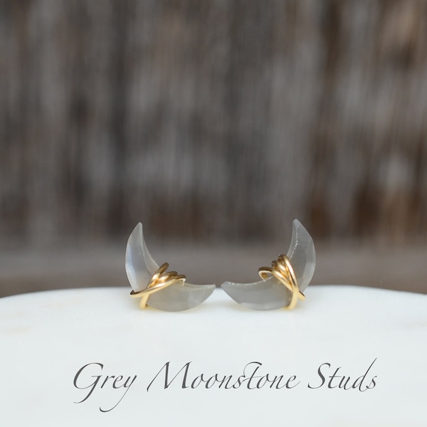 Moonstone earrings, Grey Moonstone Studs | Earrings | June Birthstone | Crescent Moon | Grey Moonstone, Gray, White