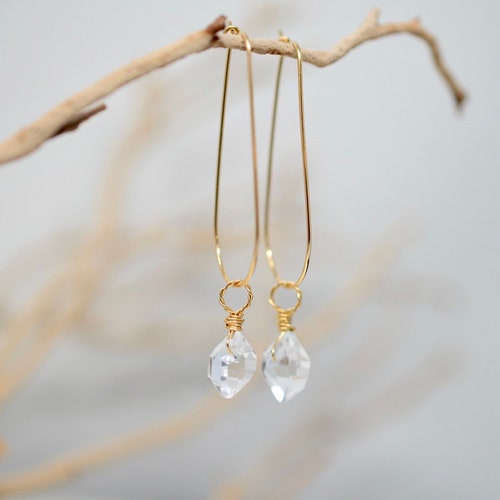 Herkimer Diamond Hoop Earrings: Dainty Crystal Dangle, April Birthstone