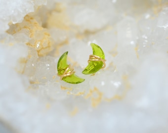 Peridot Green Quartz Stud Earrings: Crescent Moon, August Birthstone