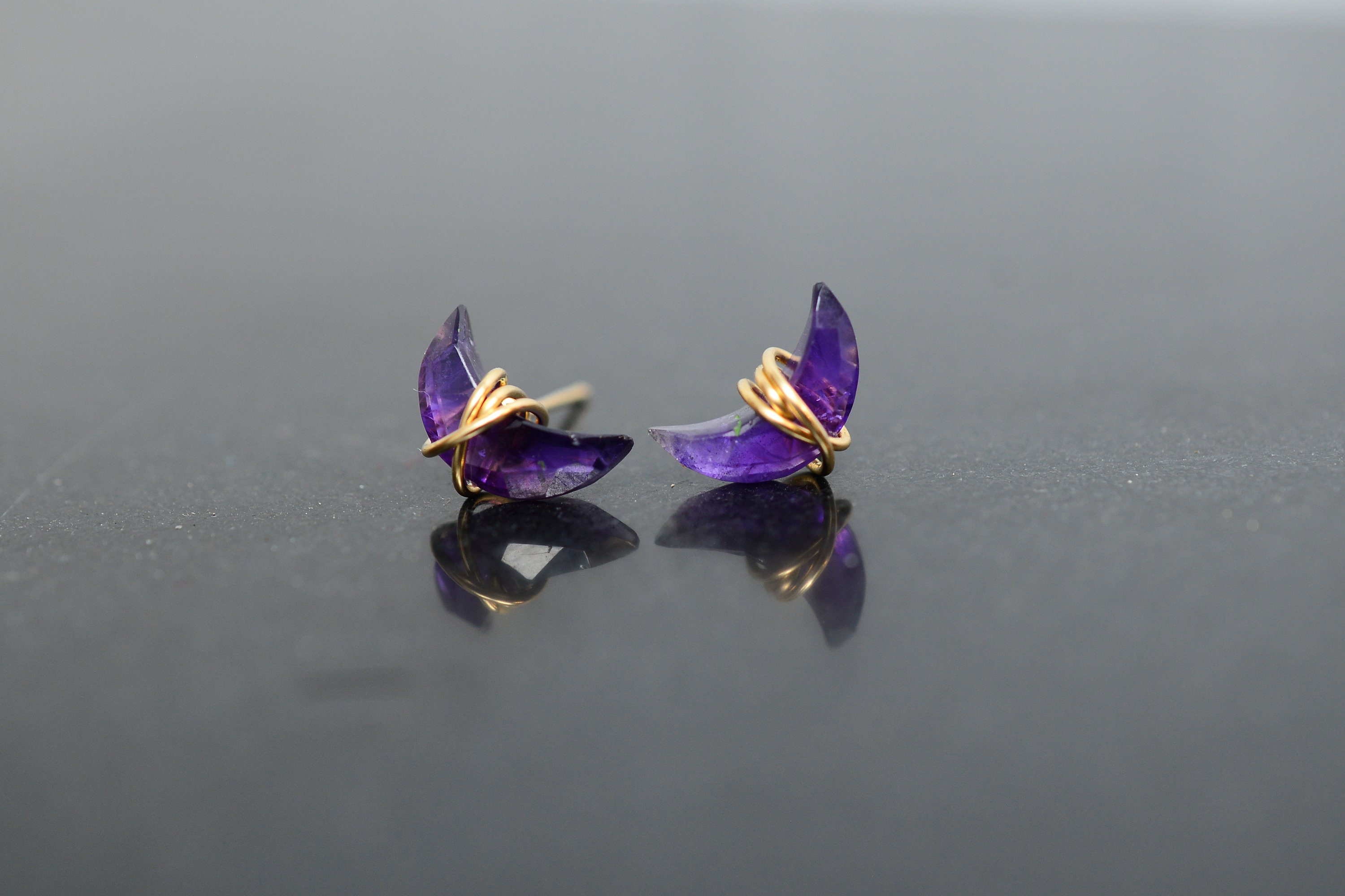 Amethyst Earrings, Amethyst Stud Earrings, Moon shape, Gold Filled, S…