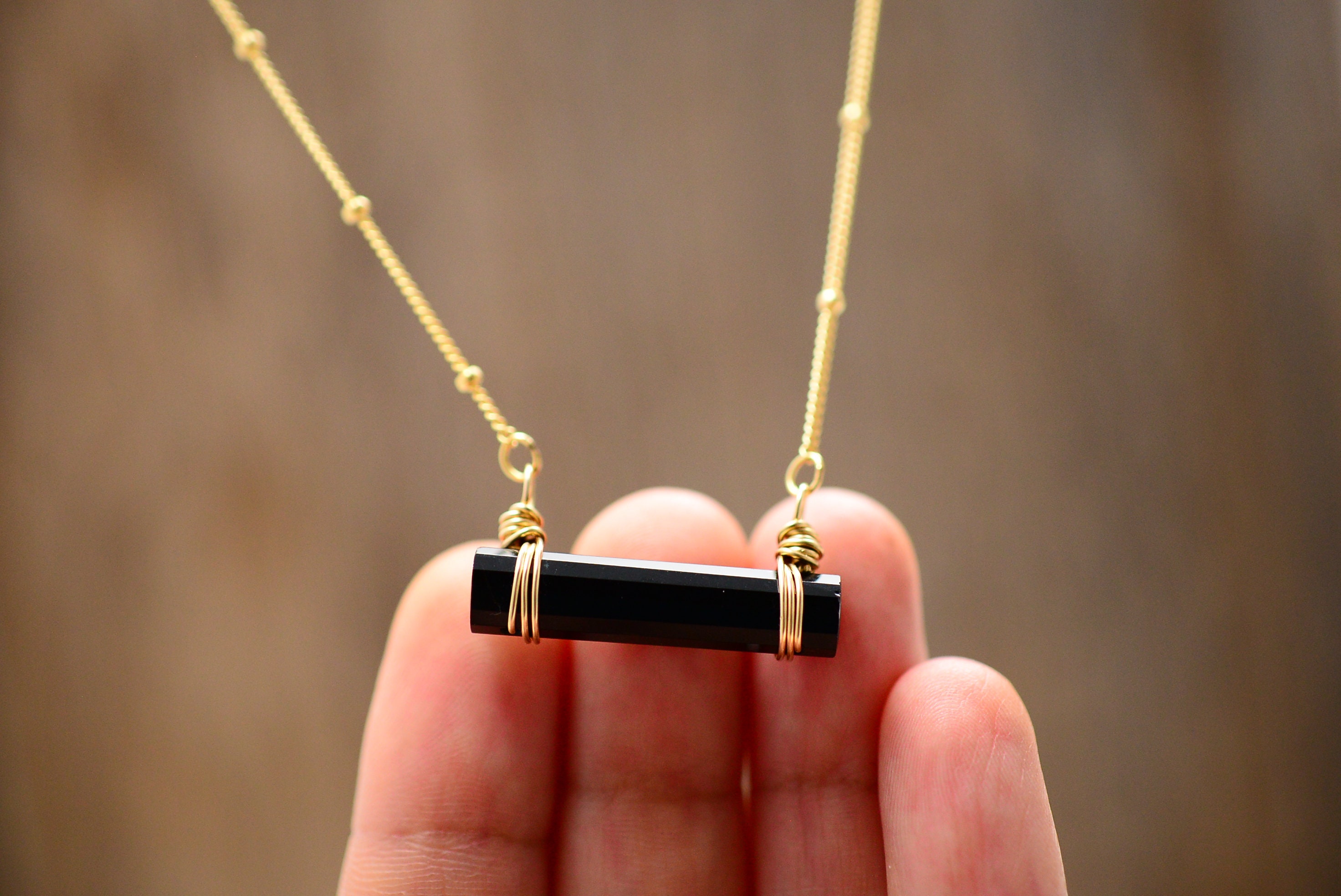 Black Onyx Bar Necklace 14K Gold Filled Geometric Necklace Etsy