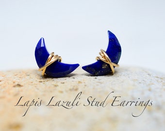 Lapis Lazuli Stud Earrings, Crescent Moon shape, 14K Solid Gold, Filled, Sterling Silver, Minimalist, Crescent Moon, Celestial