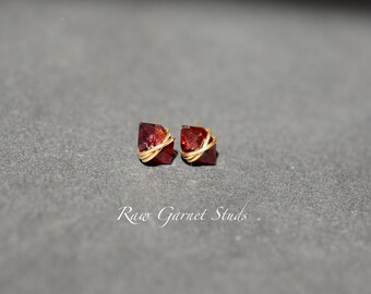 Garnet Studs, Red Stud Earrings, dainty, 14K Solid Gold, Filled, Sterling Silver, Rose, Real Garnet, Geometric, January Birthstone, unique
