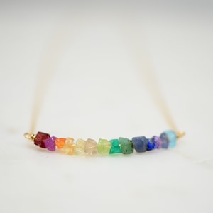 Rainbow Gemstone Necklace, Rainbow Chakra Necklace, Healing crystal Necklace, Pride Necklace,Gold,Silver,Rose, Raw Gemstones,Sapphire, Bar