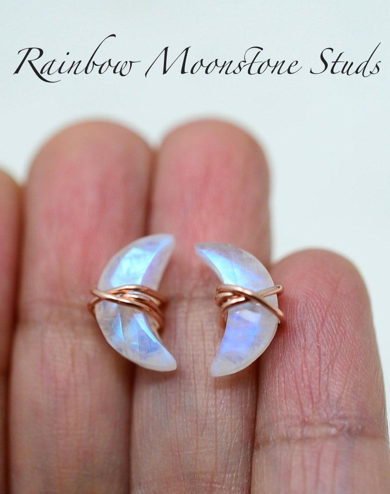 Rainbow Moonstone Studs, Rainbow Moonstone Earrings, June Birthstone, Crescent Moon earrings, rainbow moonstone crescent post earrings 