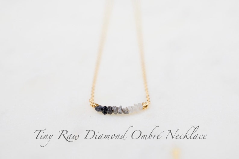 Raw Diamond Necklace Dainty Minimalist 14K Gold Filled, Sterling Silver, Rose Gold Filled White, Gray, Black Diamond, April Birthstone Ombre