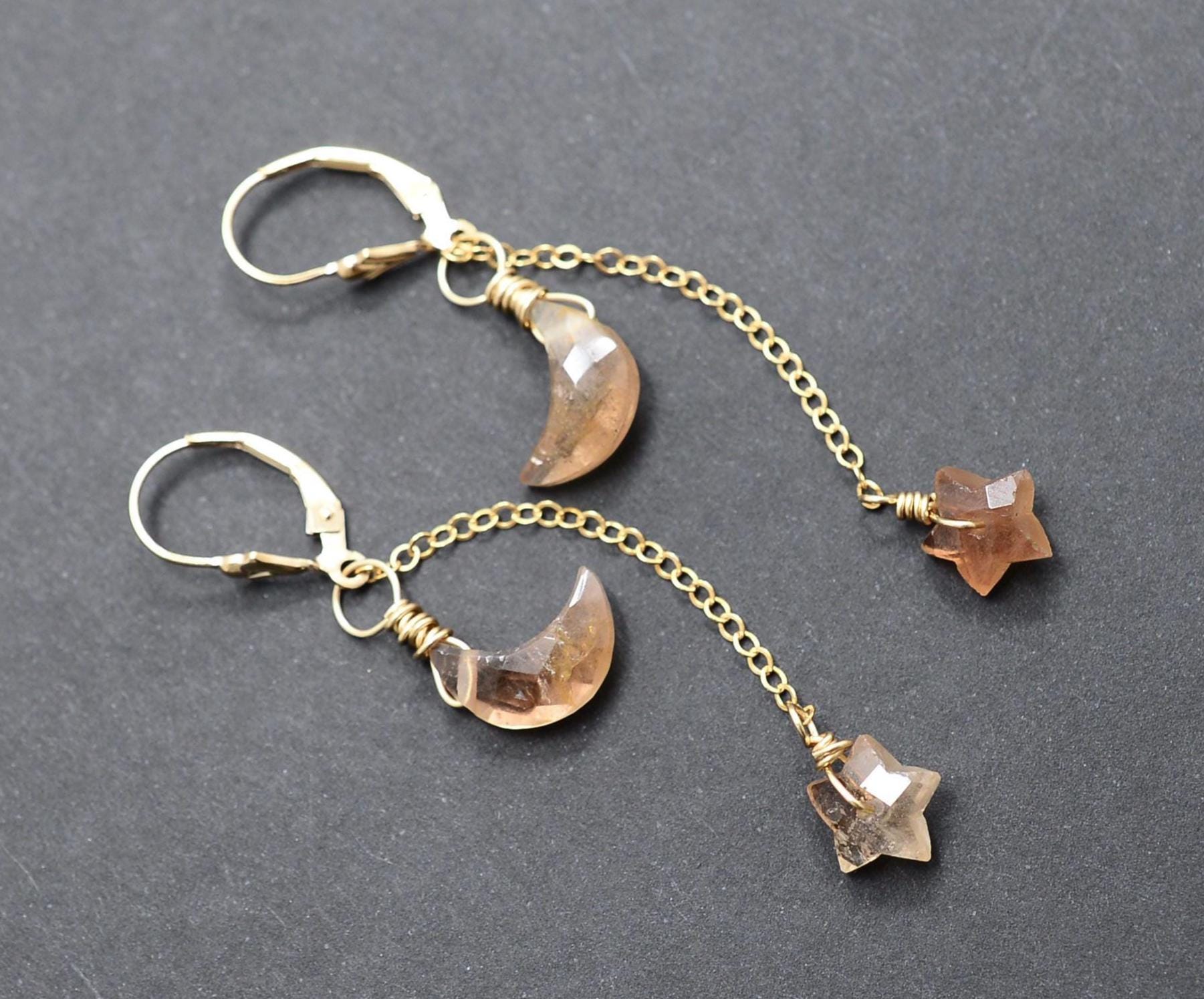 Topaz Earrings, Imperial Topaz Dangle Earrings, Gold Filled, Dainty, Minimal, crescent Moon, celestial, November Birthday, star, half moon