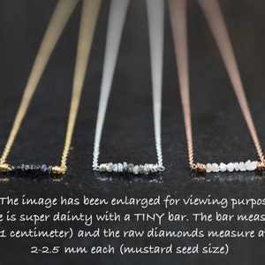 Puede incluir: Tres delicados collares con una barra de peque&ntilde;os diamantes en bruto. Los collares est&aacute;n disponibles en oro, plata y oro rosa. Los diamantes miden aproximadamente 2-2,5 mm cada uno.  "NOTA: La imagen se ha ampliado para fines de visualizaci&oacute;n. Este collar es s&uacute;per delicado con una barra PEQUE&Ntilde;A. La barra mide 10 mm (1 cent&iacute;metro) y los diamantes en bruto miden aproximadamente 2-2,5 mm cada uno (tama&ntilde;o de una semilla de mostaza)"