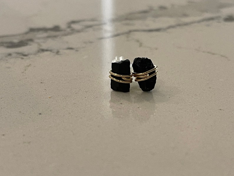 Raw Tourmaline Studs, Raw black tourmaline Earrings, Sterling Silver, Gold, Dainty, Natural, Gemstone image 4