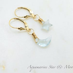 Aquamarin Ohrringe, Aquamarin Ohrstecker, Gold Filled, Zierliche, Minimalistische Ohrringe, Stern, Mond, Nautik, Himmlisch, März Geburtsstein