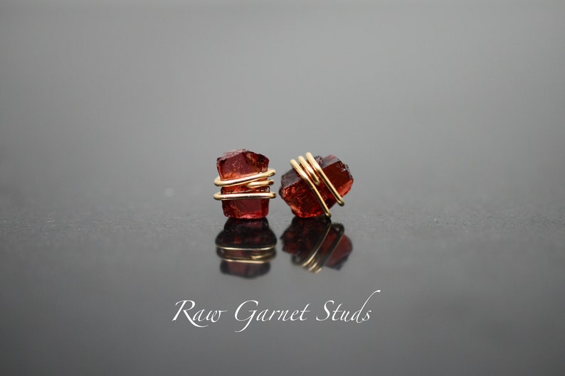 Raw Garnet stud Earrings Sterling Silver, 14K Gold Filled Dainty January Birthstone, March Birthstone, Natural, purple, Deep Red Stone image 1