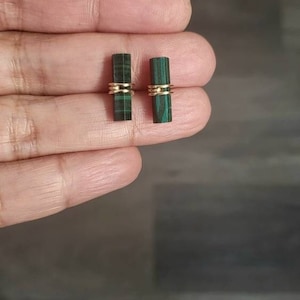 Malachite Stud Earrings, Gold, Sterling Silver, Minimalist, April Birthstone, Geometric, bar studs, Hexagon, Green, mother's day gift