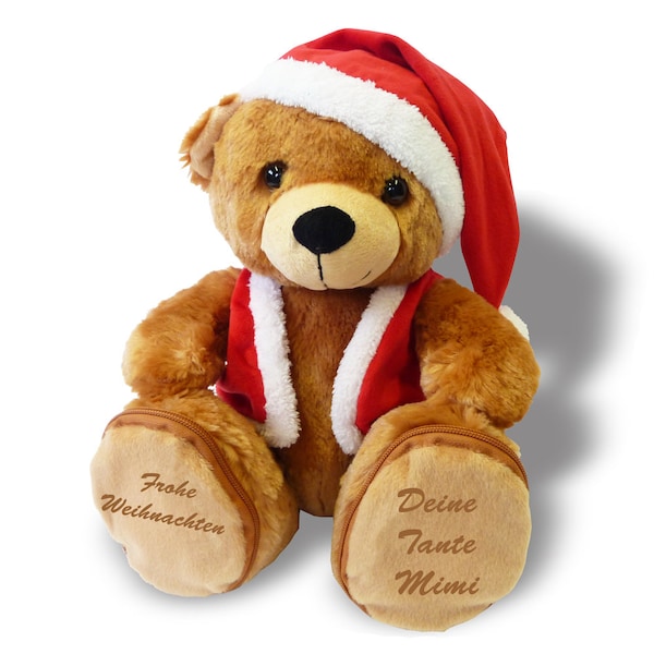 Personalisierter Weihnachtsteddy Plüschbär, individuell bestickt knuddeliges Stofftier Weihnachtsmütze Geschenk mit Name zu Weihnachten