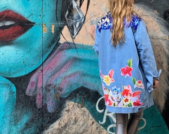 Flower Patched Long Denim Jacket, Long Line Jean Coat, Blue Denim, Outerwear, Oversized Indigo Jacket, Gift for a Friend, Women Clothing