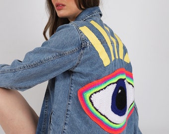 Cropped Denim Jacket For Women, Blue Jean Coat, Knitted Eye Patch Denim Jacket, Embellished Outerwear, Casual  Personalized Clothing, Gift