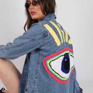 Cropped Denim Jacket For Women, Blue Jean Coat, Knitted Eye Patch Denim Jacket, Embellished Outerwear, Casual  Personalized Clothing, Gift