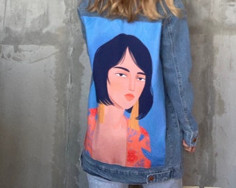 Brunette Girl Printed Denim Jacket, Short Hair Woman Embellished Jean Coat, Woman with Earrings Wearable Art, Bohemian Style Outerwear, Gift