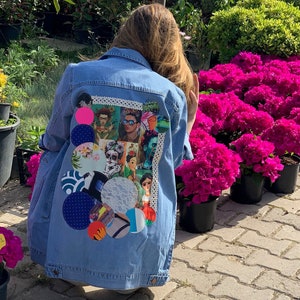 Up-cycled Denim Jacket For Women, Oversized Custom Denim Jacket, Jean Coat for Women, Jacket with Handmade Patchworks