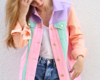 Jean Jacket for Women, Pastel Trucker Jacket, 80's Clothing, Long Oversized Trucker Coat, Pink Purple Green Somon Coat, Daily Coat