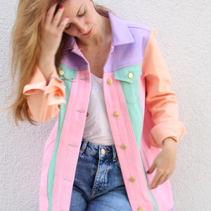 Jean Jacket for Women, Pastel Trucker Jacket, 80's Clothing, Long Oversized Trucker Coat, Pink Purple Green Somon Coat, Daily Coat image 1