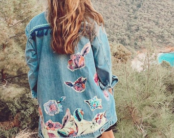 Floral Pattern Jacket, Flower Patched Up-cycled Coat, Blue Vest for Women, Women's Personalized Clothing, Custom Denim, Gift Idea