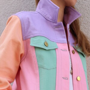 Jean Jacket for Women, Pastel Trucker Jacket, 80's Clothing, Long Oversized Trucker Coat, Pink Purple Green Somon Coat, Daily Coat image 2